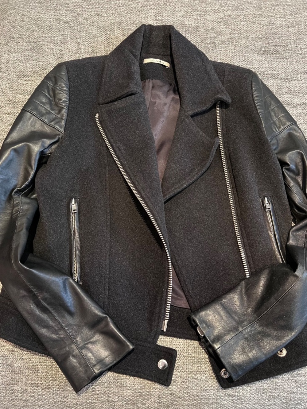 NICHOLAS The Label Black Moto Jacket - Wool body with leather sleeves, Size 8
